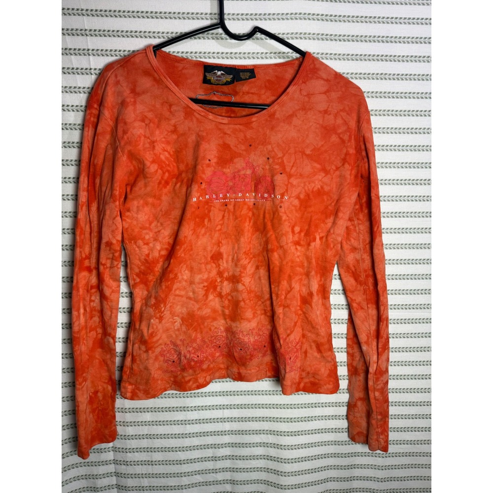 Harley-Davidson Y2K Womens Long Sleeve Tie Dye 100th Anniversary Shirt Orange M